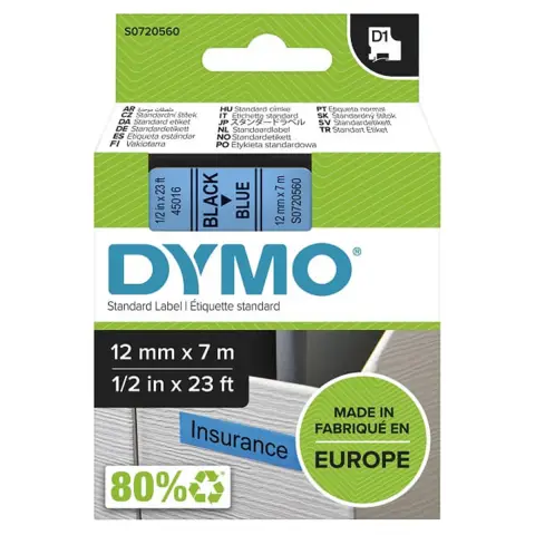 Dymo taśma do drukarek etykiet, D1 45016 czarny/niebieski 7m/12mm